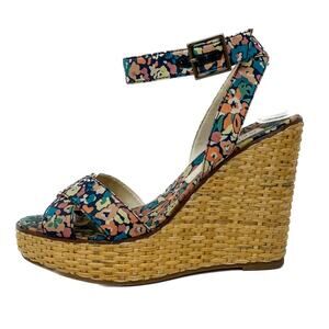 Marc Jacobs vintage floral canvas & rattan wedge espadrilles sandals size 37 US7